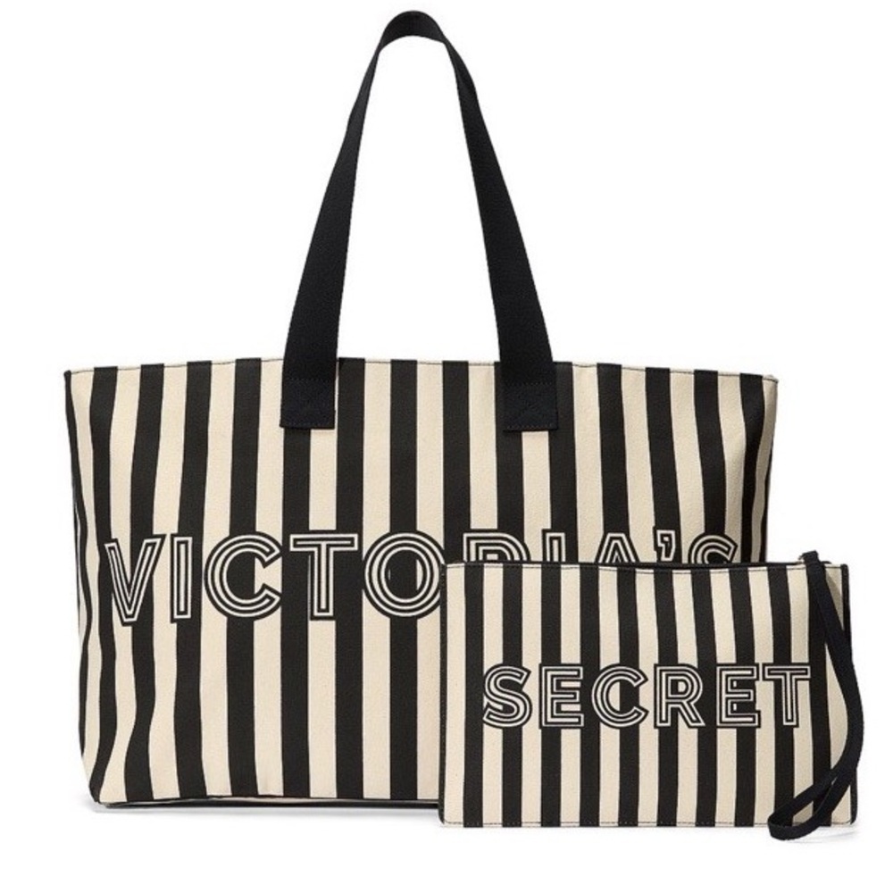 Victoria’s Secret Canvas Stripe Black Cream Tote Bag & Wristlet Set NWT